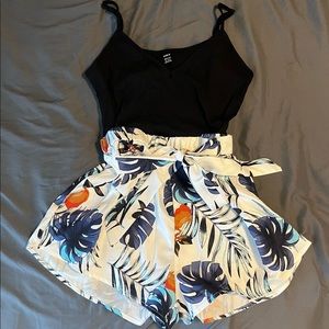 SHEIN Tropical Print Romper with belt